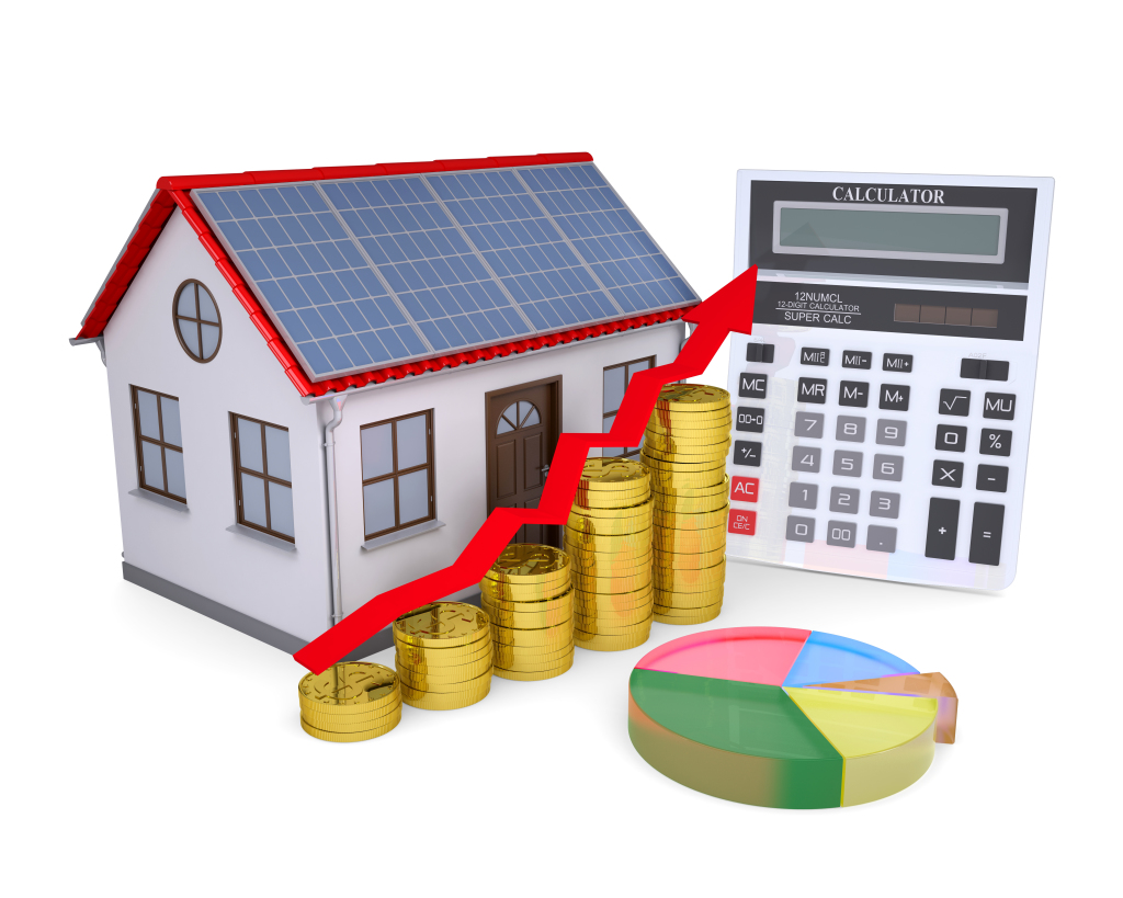 House With Solar Panels, Calculator, Schedule, And Coins